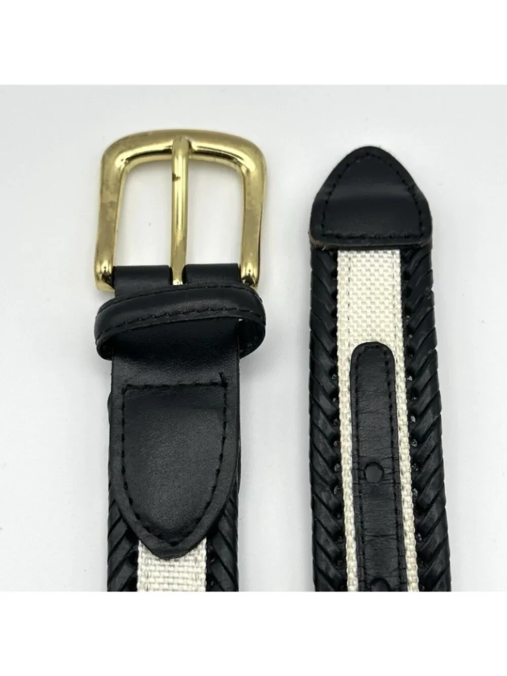 Izod Men’s Dress Belt Size 40 Black Leather White Canvas Golf Preppy